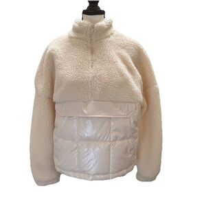 Fabletics Nelly Mixed Media Half Zip Women's Cream Jacket Size S Sherpa Puffer